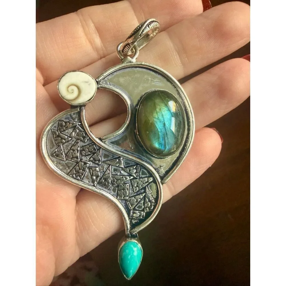 Mixed Stone Pendant Silver Necklace Labradorite, Turquoise, Shiva Eye Shell Boho